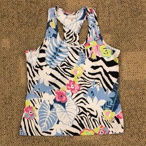 NordicTrack, Large(14-16), 92% polyester, 8% spandex, bra sewn in, multi color